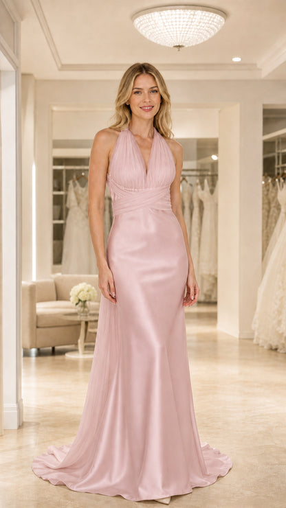 Full-length view of Blush Pink halter pleated satin formal gown