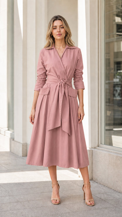 Front view of woman wearing pink lapel midi trench dress