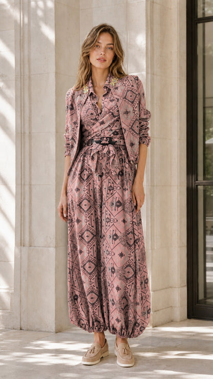 Model wearing pink geometric print shirt and jumpsuit set
