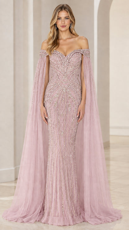 Front view of blush pink embellished off-the-shoulder formal gown with cape sleeves
