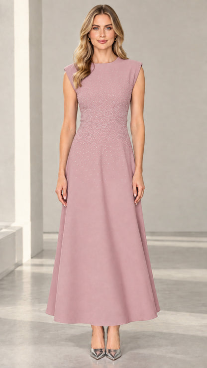 Dusty Rose crystal embellished cap sleeve evening maxi dress