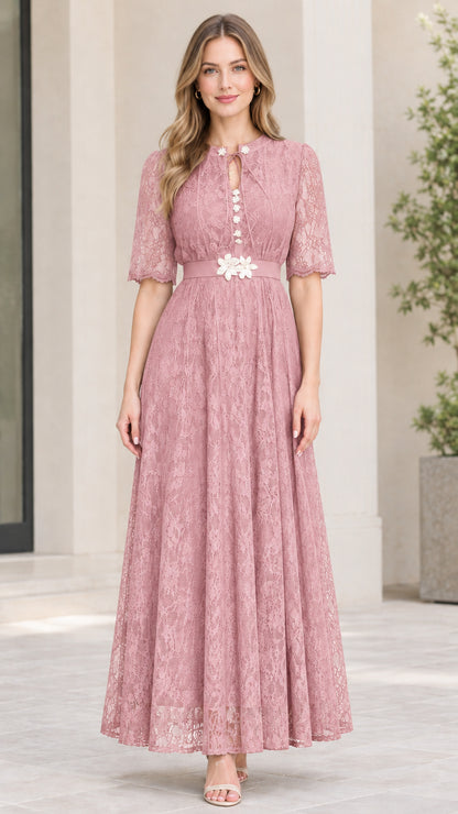 Dusty rose floral lace maxi evening gown with keyhole neckline