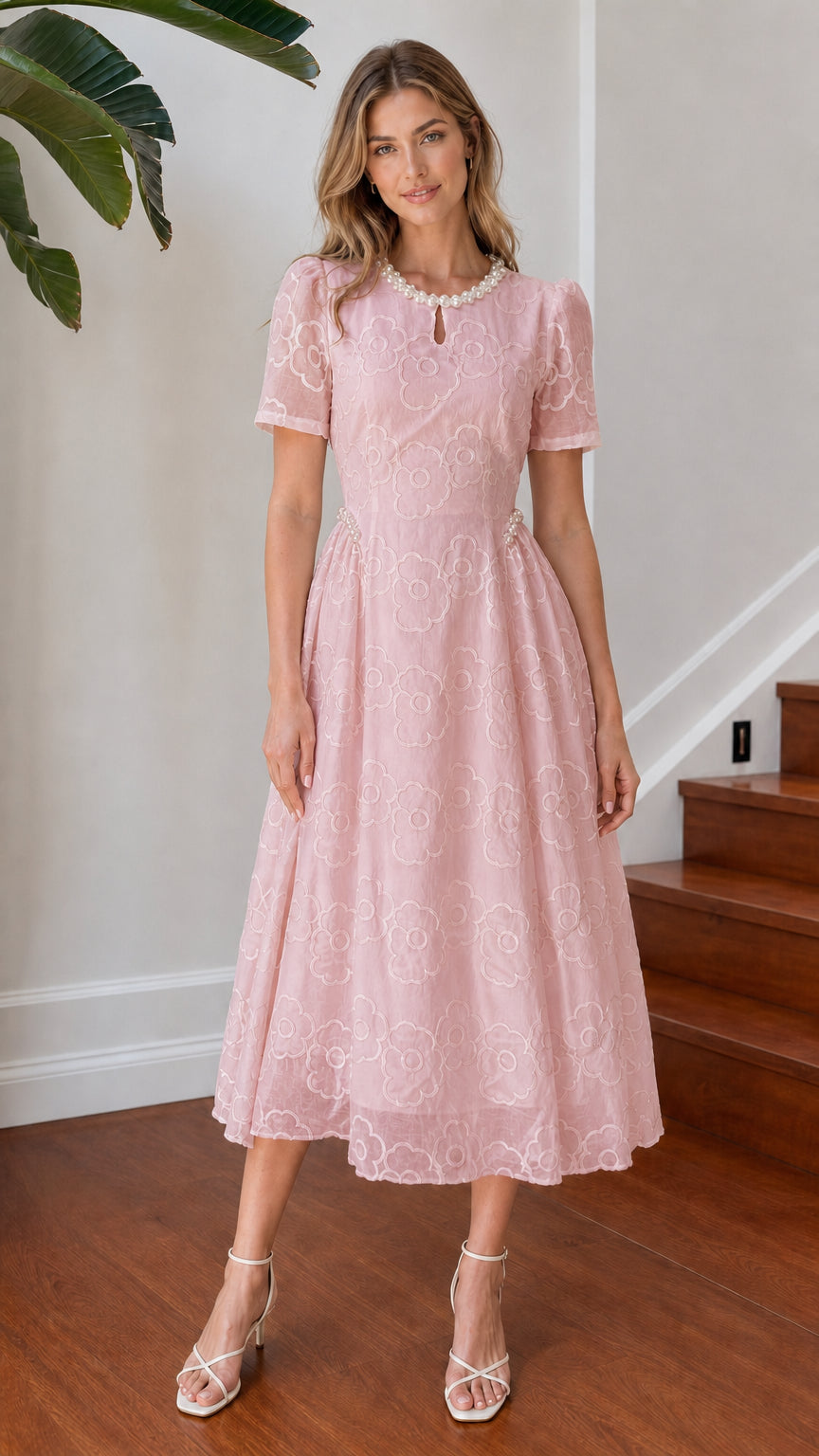 Model wearing blush pink floral embroidered pearl neckline midi dress
