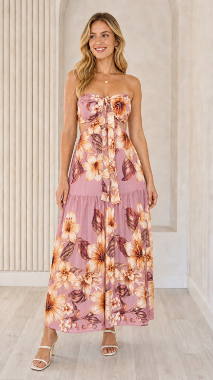 Front view of pink floral strapless maxi dress