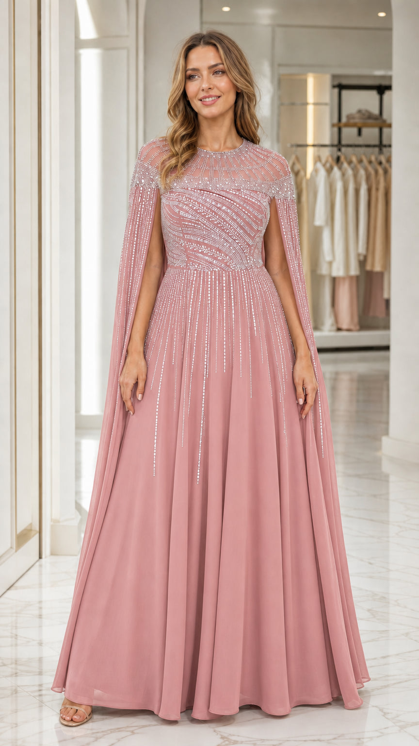 Front view of pink evening gown with beaded capelet