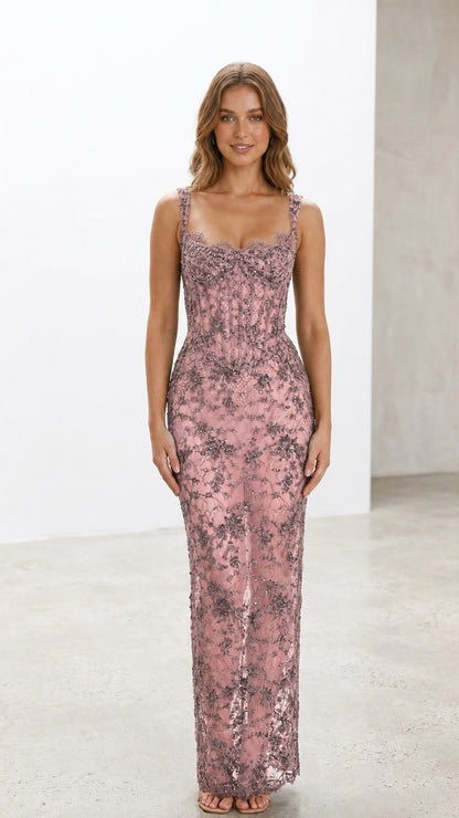 Front view of dusty rose lace corset evening maxi dress