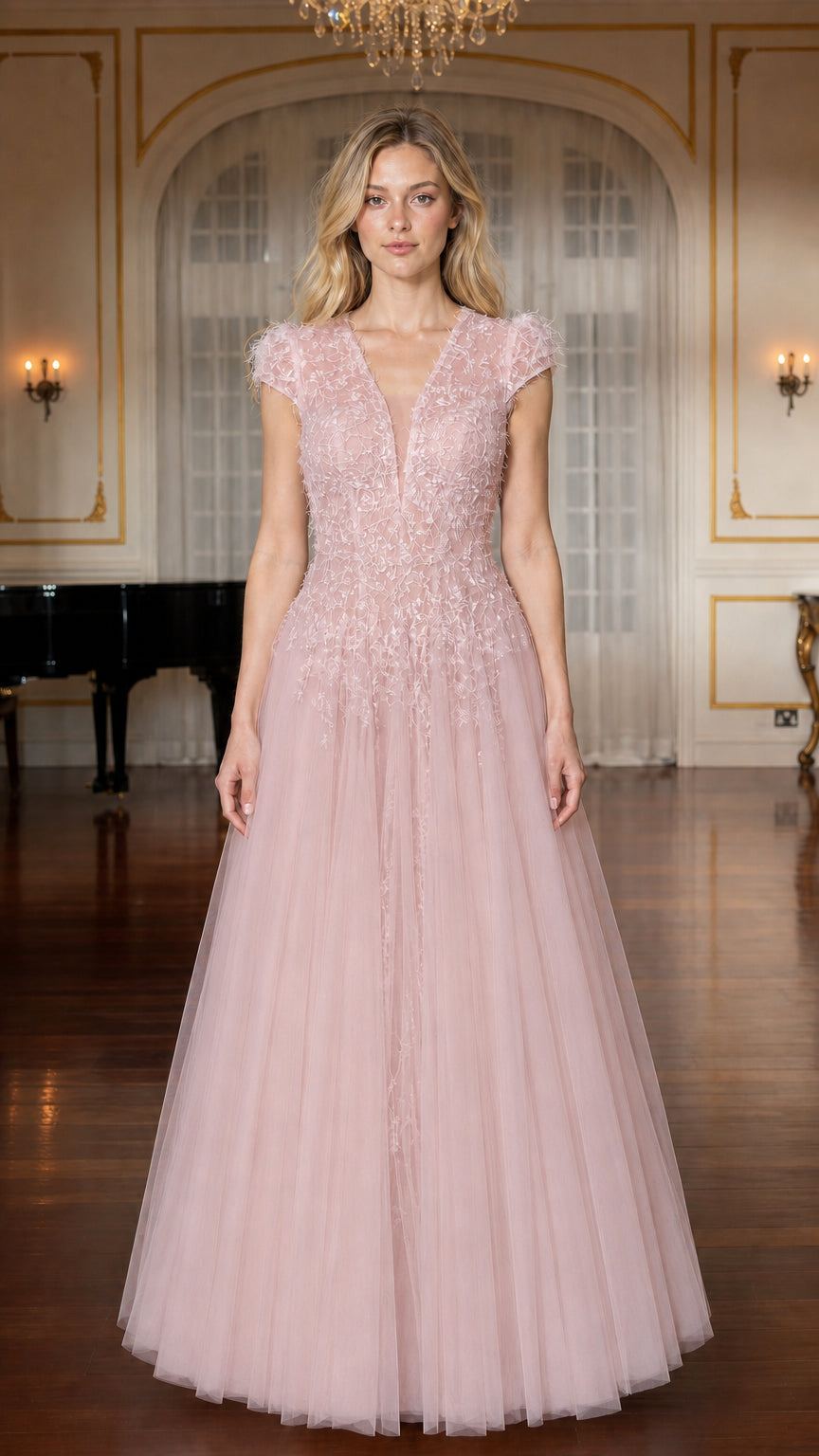 Front view of blush pink tulle formal dress
