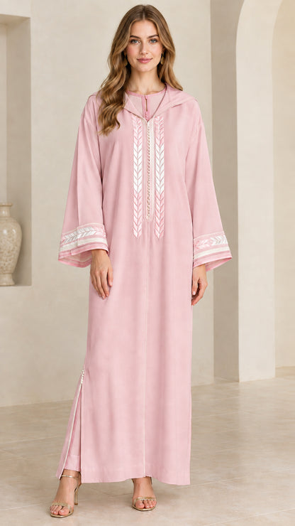 Full front view of women's blush pink embroidered hooded kaftan maxi dress