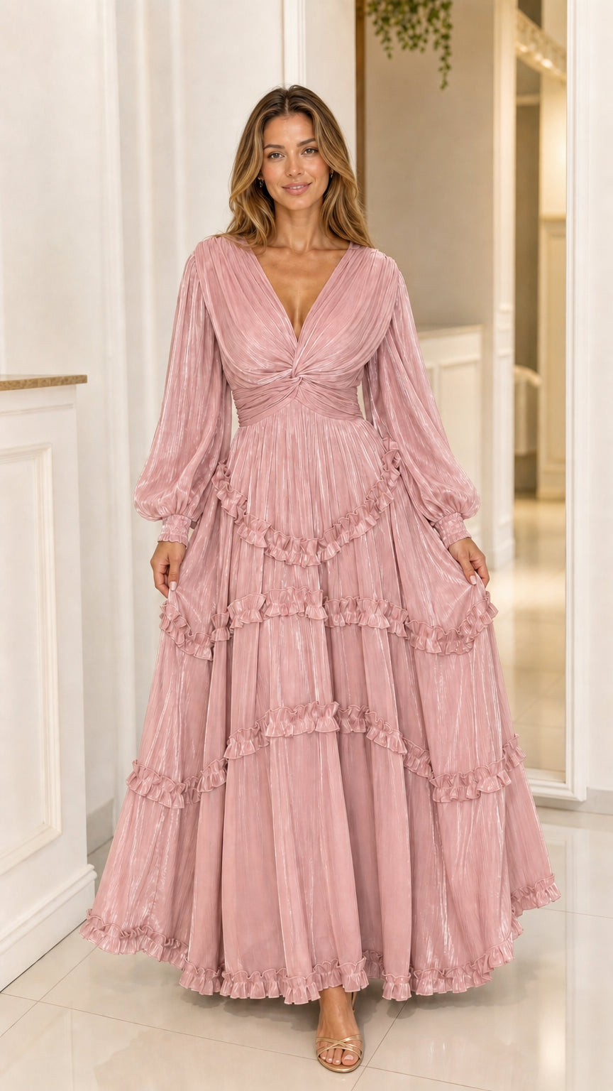 Front view of Blush Pink pleated shimmer tiered maxi dress