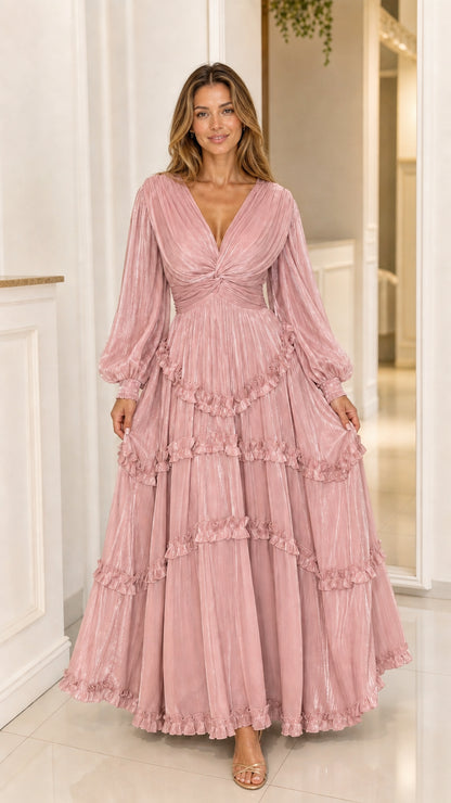 Front view of Blush Pink pleated shimmer tiered maxi dress