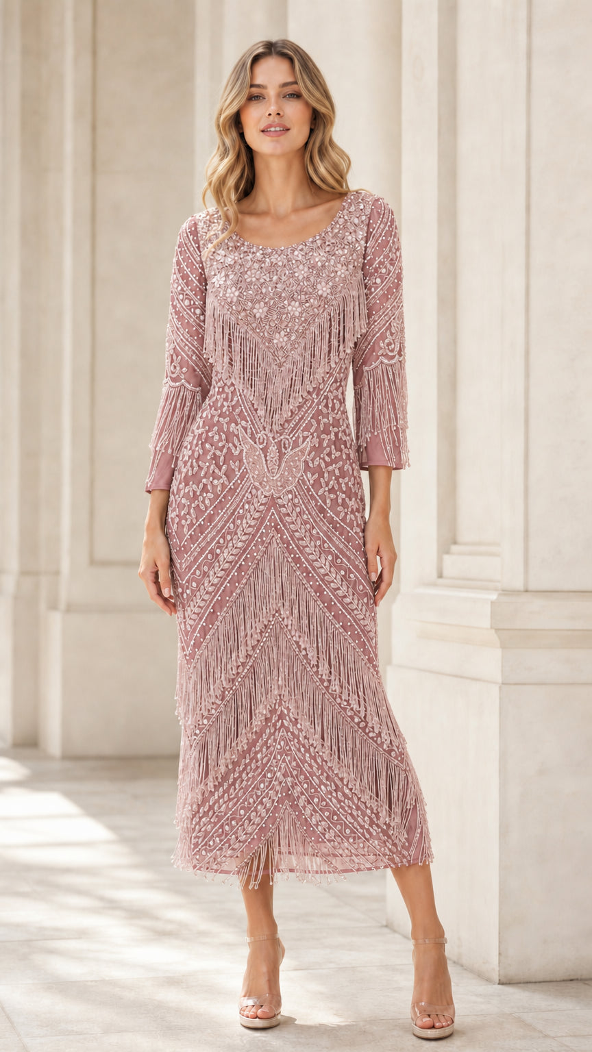 Dusty pink 1920s style beaded fringe midi dress with 3/4 sleeves
