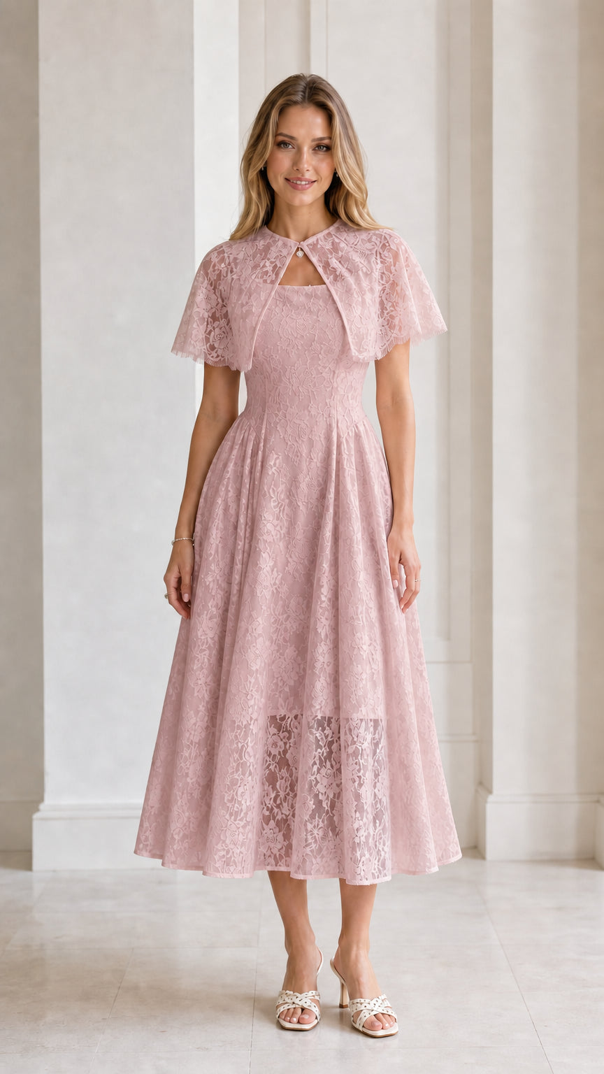 Model wearing Dusty Pink Floral Lace Capelet Midi Dress