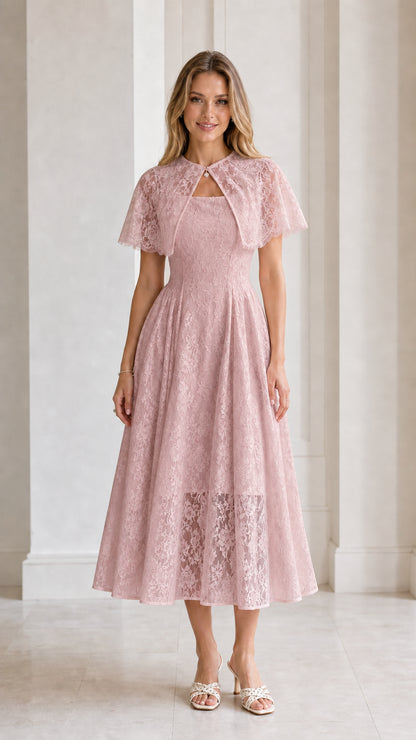 Model wearing Dusty Pink Floral Lace Capelet Midi Dress