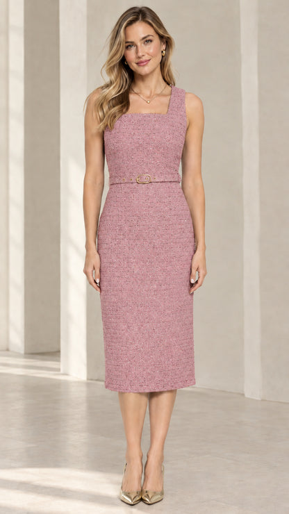 Model wearing dusty pink sleeveless square neck belted tweed midi dress