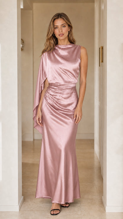 Front view of blush pink asymmetric cape sleeve satin formal dress