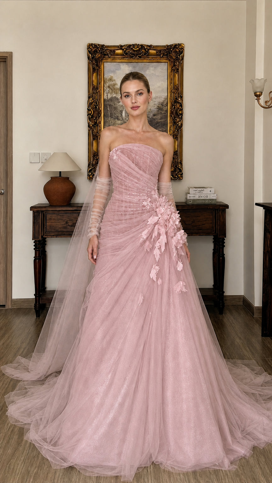 Pink version of the strapless tulle evening gown with floral appliques