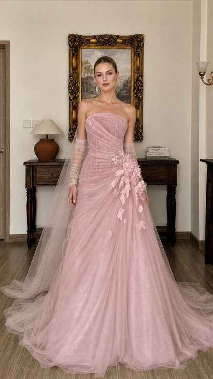 Pink version of the strapless tulle evening gown with floral appliques