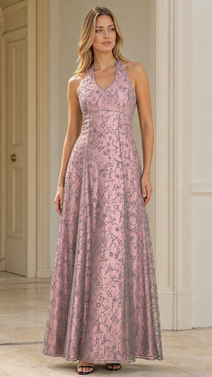 Model wearing dusty pink halter neck embroidered formal evening dress