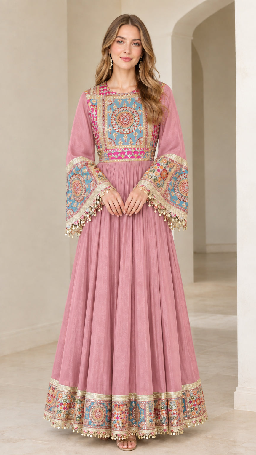 Dusty Rose bell sleeve ethnic pattern maxi dress