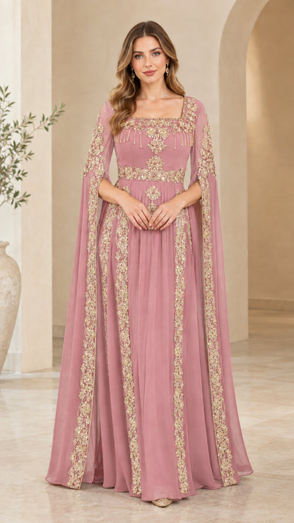 Front view of dusty pink embroidered cape sleeve formal evening gown