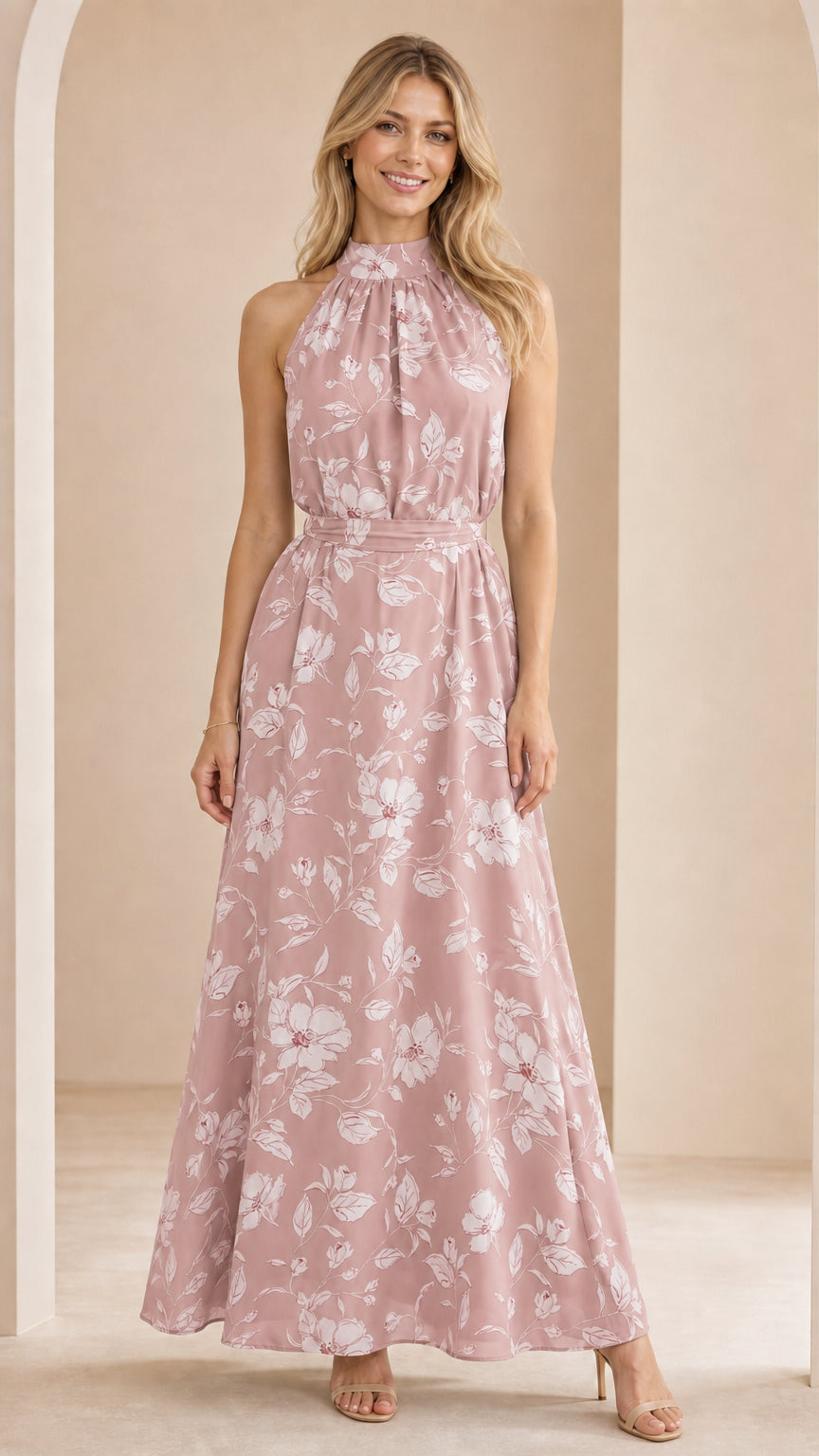 Front view of woman wearing dusty pink floral halter neck maxi dress