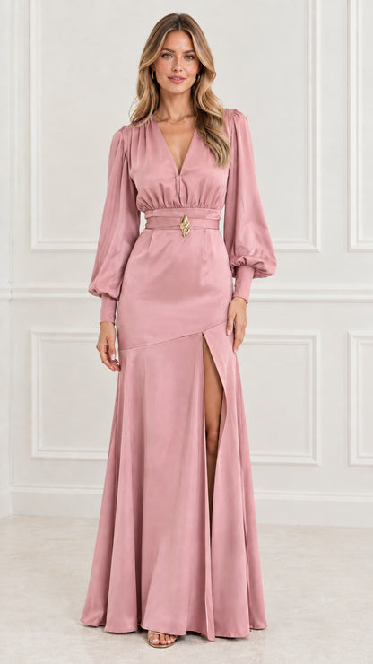 Full-length front view of model in dusty pink satin long sleeve evening gown