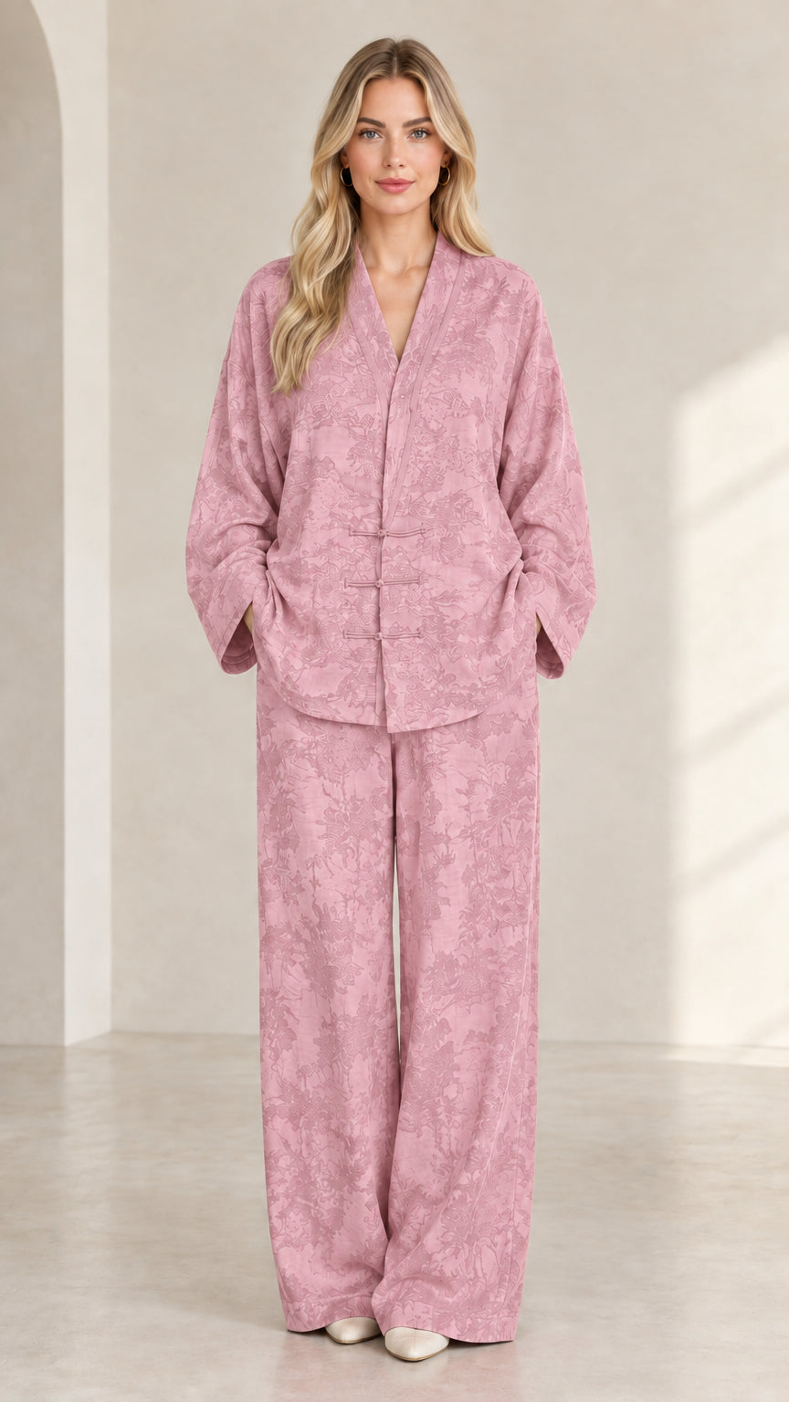 Full front view of women's dusty pink jacquard loungewear two-piece set