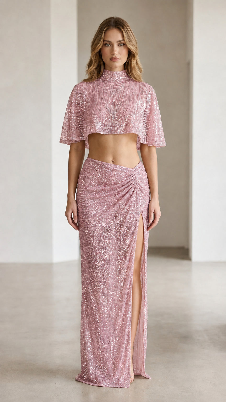 Blush pink sequin crop top and ruched maxi skirt set