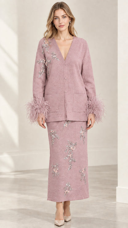 Model wearing Dusty Rose embellished knit cardigan and matching maxi skirt set