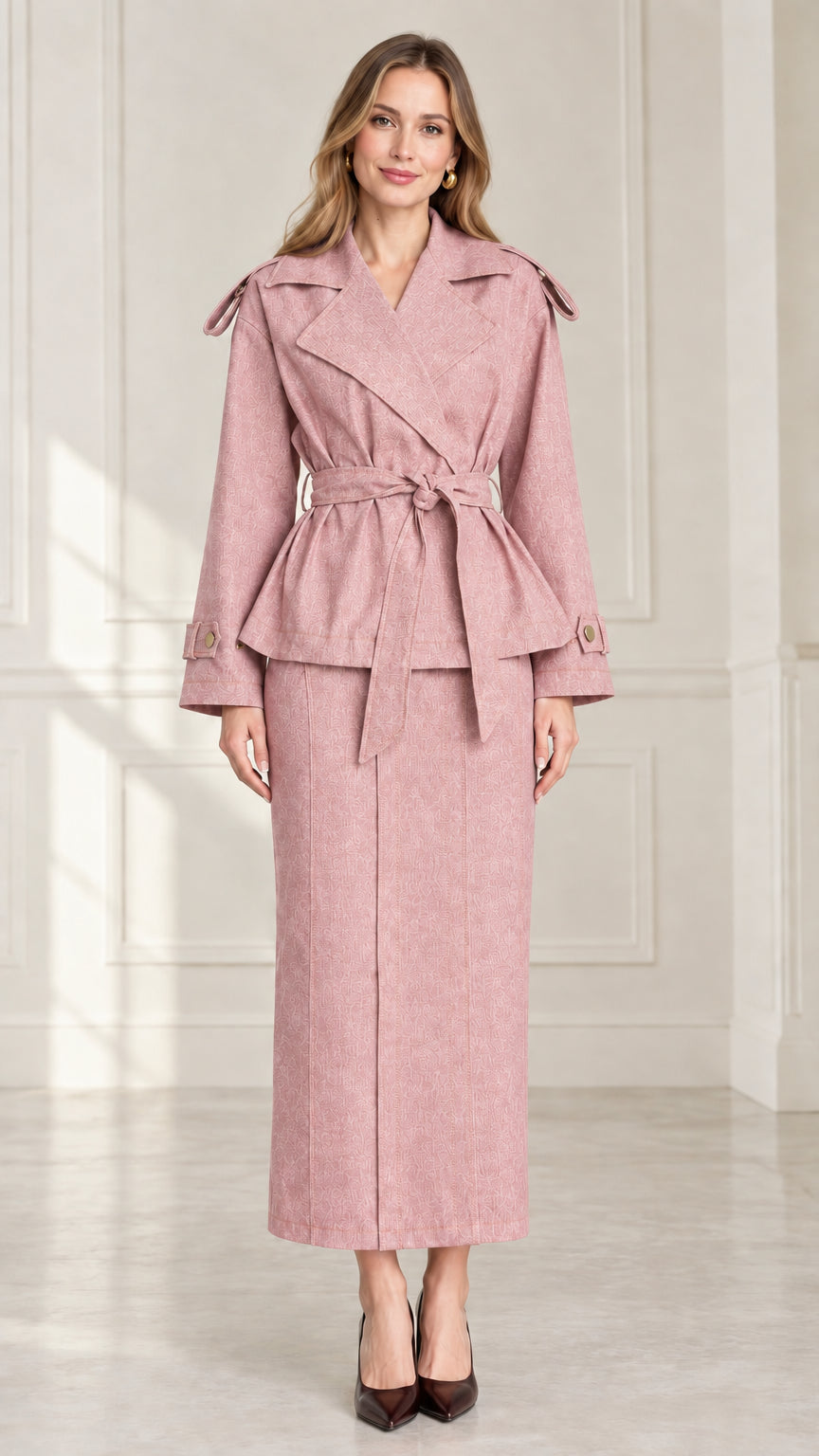 Front full-length view of women's dusty pink belted trench jacket and maxi skirt set