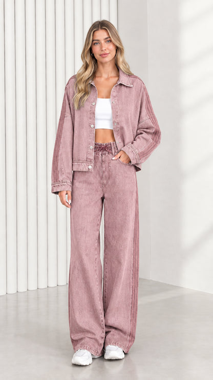 Model wearing Dusty Pink matching denim jacket and wide leg jeans outfit