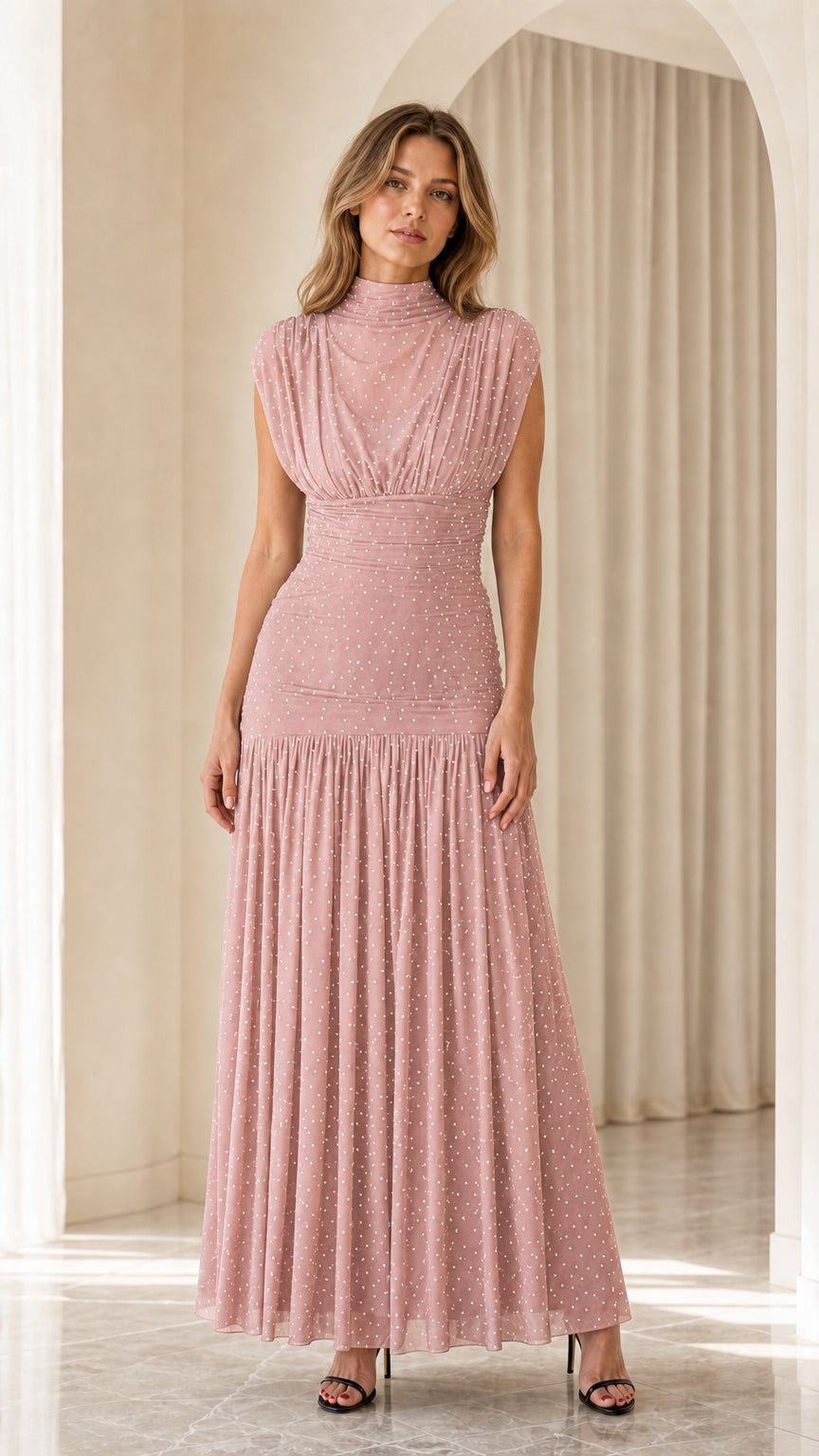 Dusty pink high neck sleeveless pleated dot mesh maxi dress
