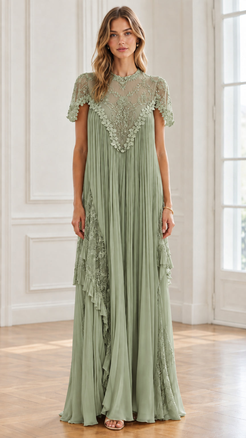 Sage green elegant pleated evening maxi gown with lace details