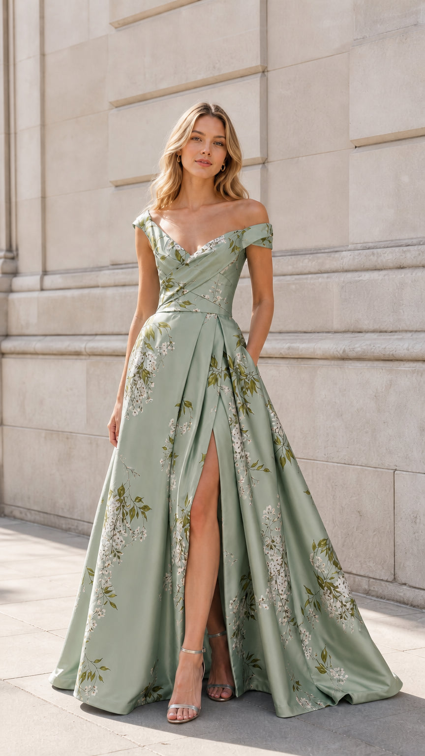 Front view of Sage Green off-shoulder floral satin evening gown