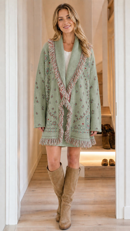 Woman wearing sage green bohemian fringe knit cardigan coat