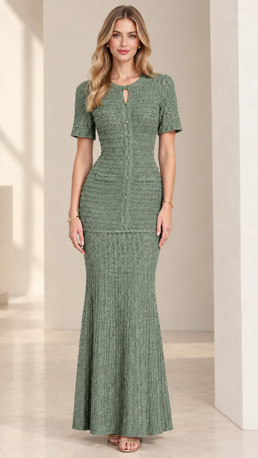 Sage Green Textured Knit Maxi Formal Dress with Keyhole Neck
