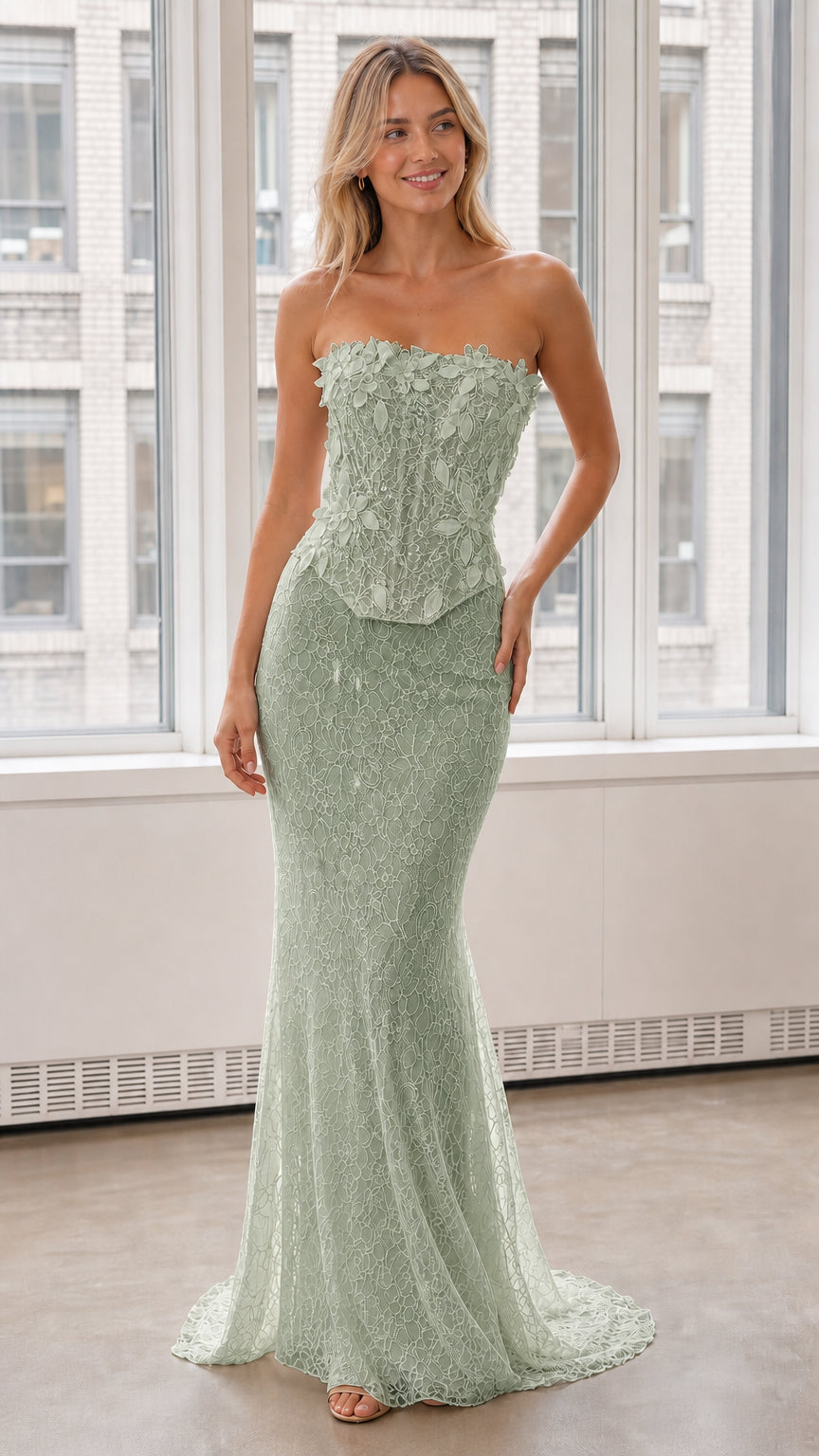 Front view of sage green strapless 3D floral lace mermaid evening dress