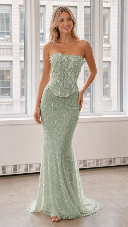 Front view of sage green strapless 3D floral lace mermaid evening dress