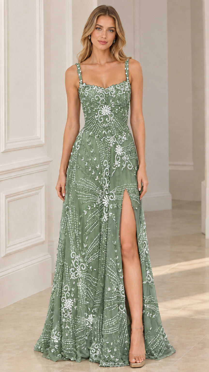 Front full-length view of Sage Green beaded rhinestone evening dress