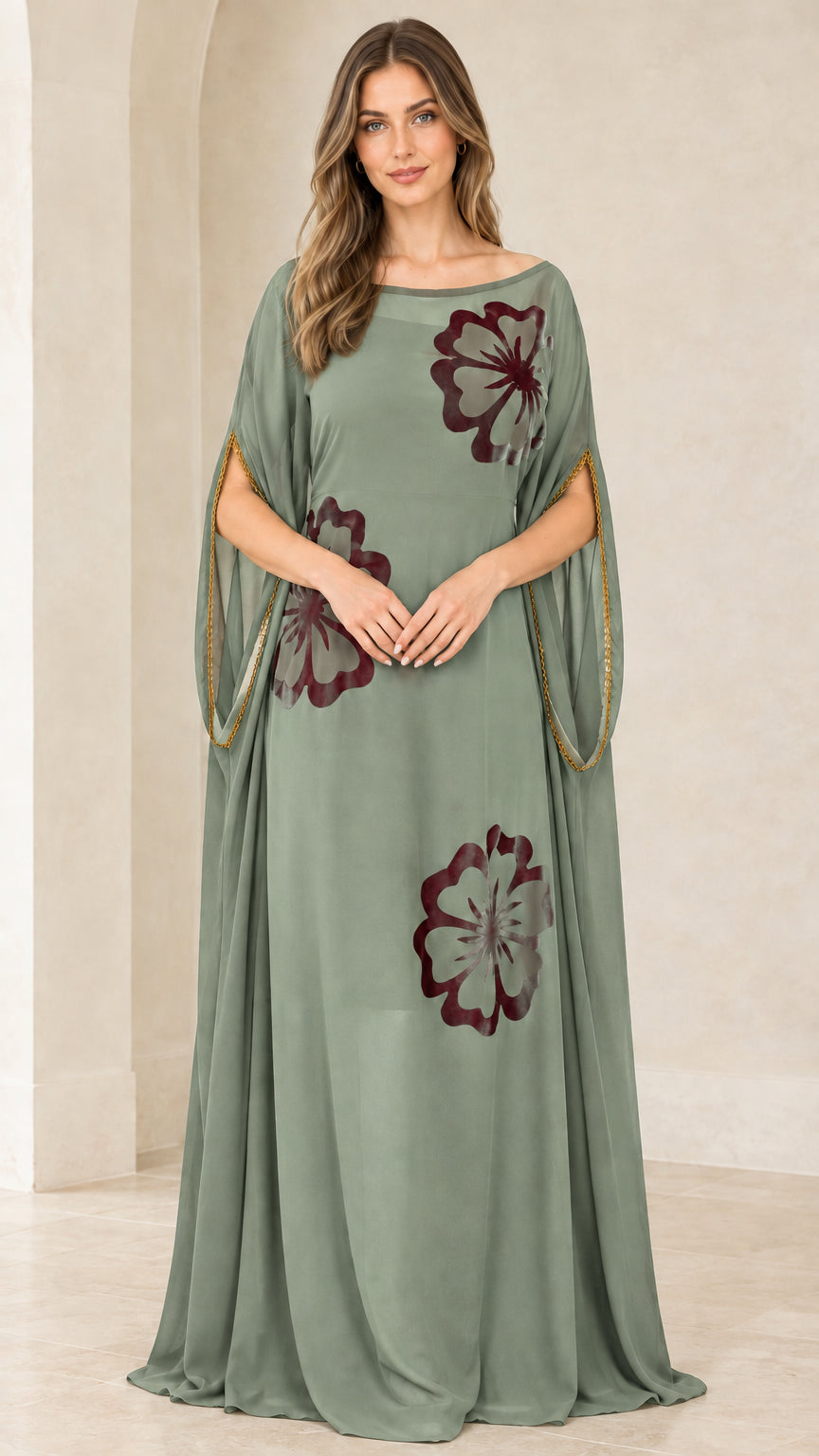 Front view of model wearing Sage Green floral applique kaftan maxi gown
