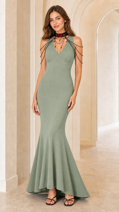 Sage green halter mermaid evening gown with draped beaded chains