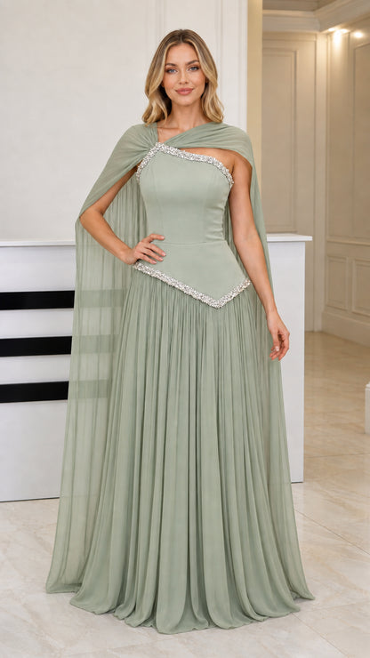Front view of sage green basque waist chiffon cape evening dress