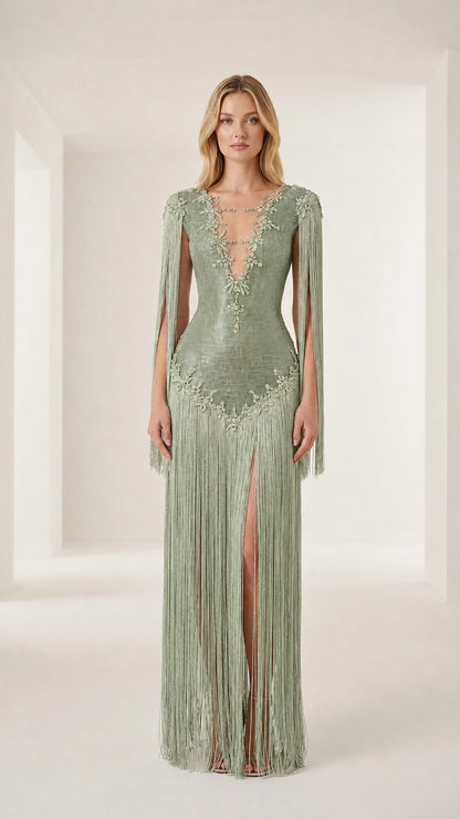 Front view of model wearing a sage green crystal-embellished fringe evening gown