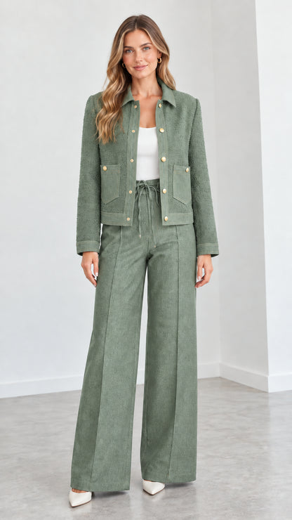 Women's sage green button-front cropped jacket and wide leg pants suit set