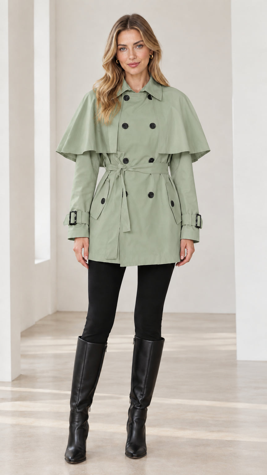 Front full-length view of Sage Green double-breasted capelet trench coat with waist belt