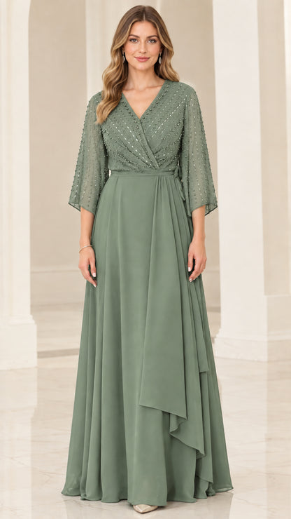 Sage Green beaded V-neck formal evening maxi dress