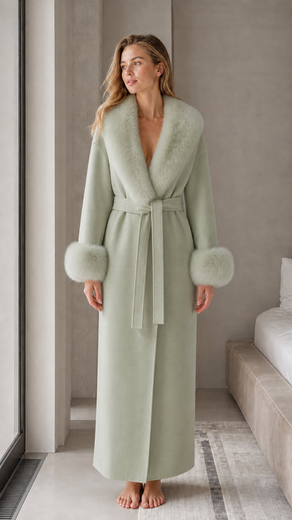 Sage green full-length wrap robe with soft plush fur accents