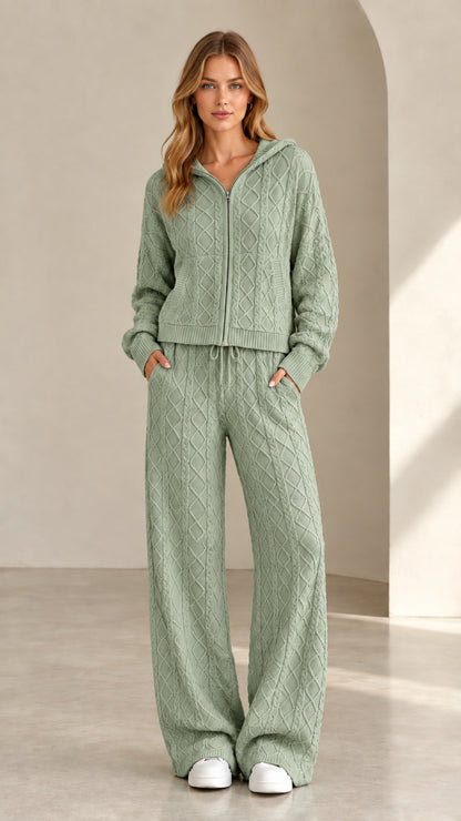 Women's sage green cable knit zip-up hoodie and wide leg pants set