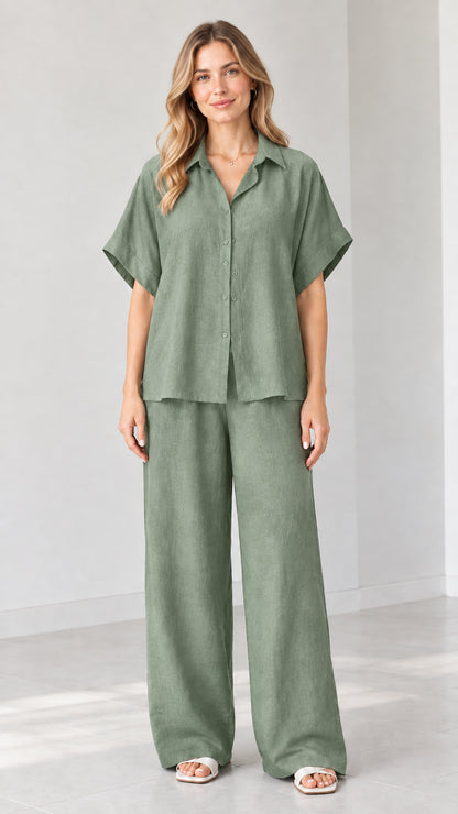 Model wearing Sage Green button-down shirt and wide-leg pants outfit