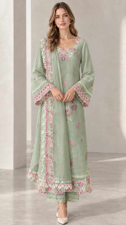Full front view of model wearing Sage Green floral embroidered 3-piece kurta set